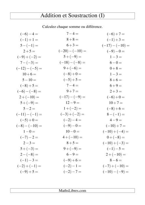 Addition et soustraction de nombres entiers avec parenthèses autour des entiers négatifs seulement (-10 à 10) (75 par page) (I)
