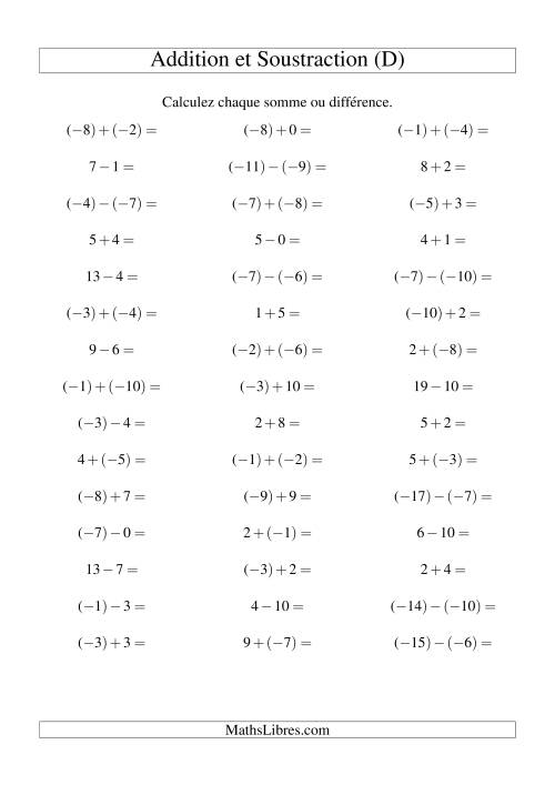 Addition et soustraction de nombres entiers avec parenthèses autour des entiers négatifs seulement (-10 à 10) (45 par page) (D)