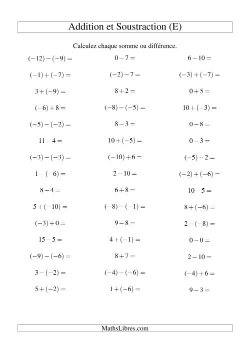Addition et soustraction de nombres entiers avec parenthèses autour des entiers négatifs seulement (-10 à 10) (45 par page) (E)