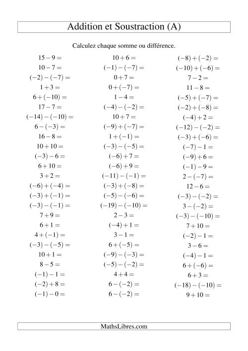 Addition et soustraction de nombres entiers avec parenthèses autour des entiers négatifs seulement (-10 à 10) (75 par page) (Tout)