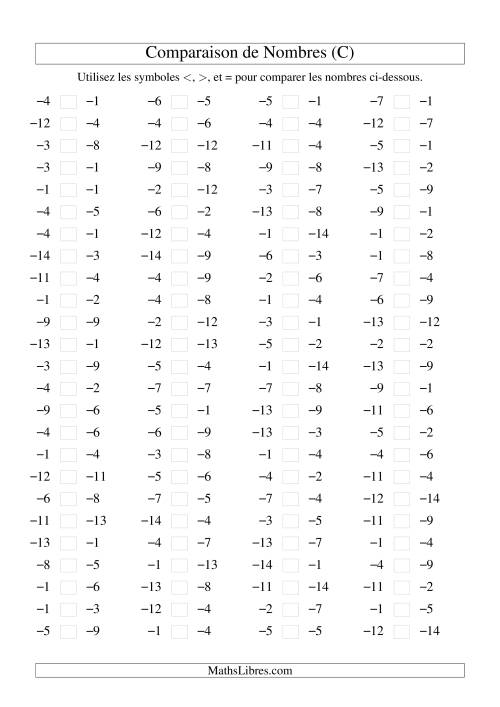 Comparaison de nombres entiers négatifs (-15 à -1) (100 par page) (C)