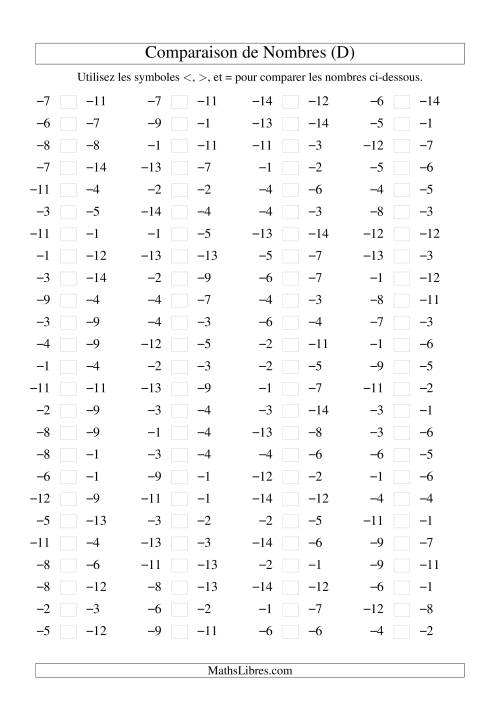 Comparaison de nombres entiers négatifs (-15 à -1) (100 par page) (D)