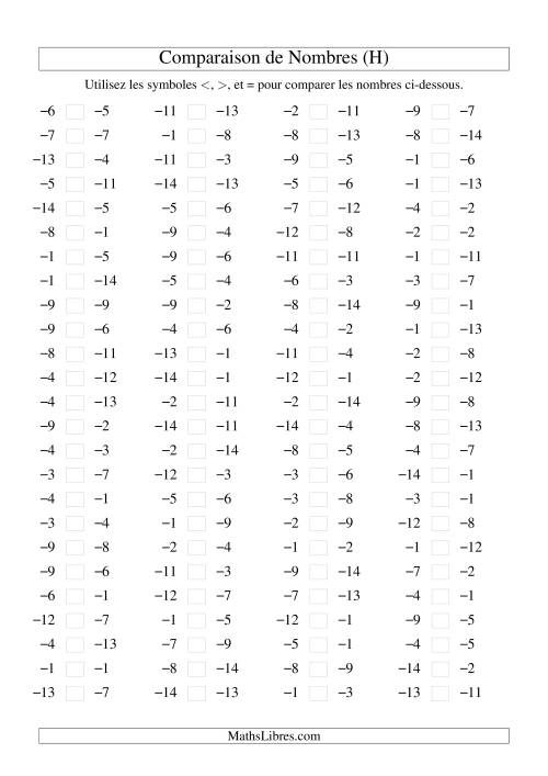 Comparaison de nombres entiers négatifs (-15 à -1) (100 par page) (H)