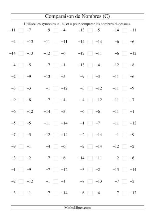 Comparaison de nombres entiers négatifs (-15 à -1) (60 par page) (C)