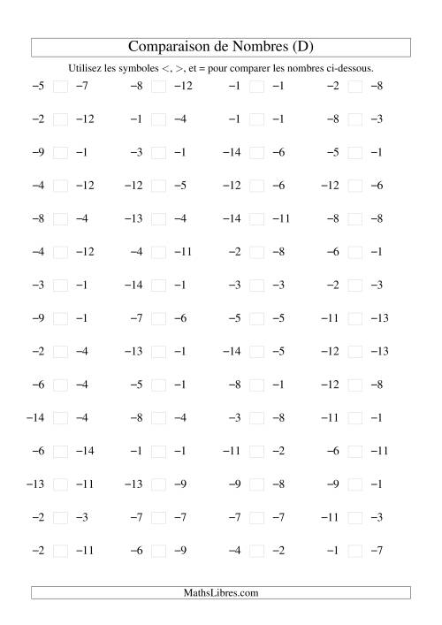 Comparaison de nombres entiers négatifs (-15 à -1) (60 par page) (D)