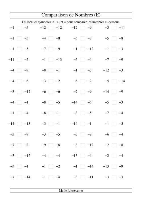 Comparaison de nombres entiers négatifs (-15 à -1) (60 par page) (E)