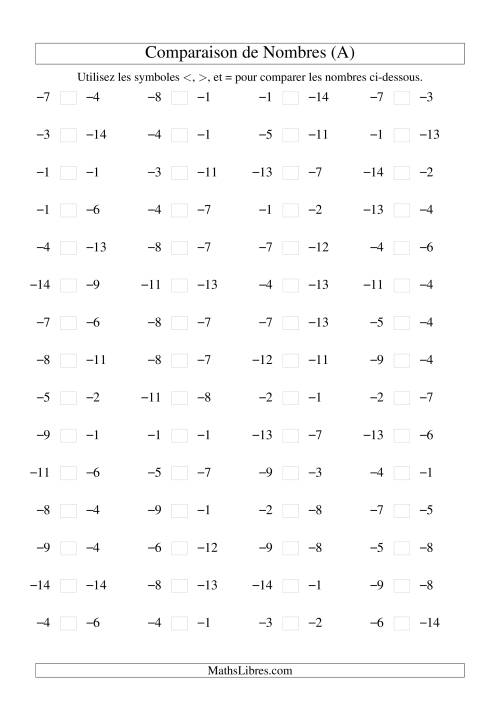 Comparaison de nombres entiers négatifs (-15 à -1) (60 par page) (Tout)