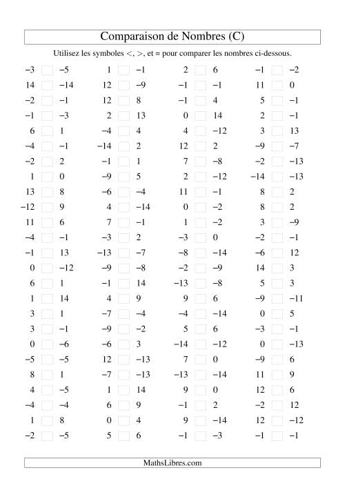 Comparaison de nombres entiers (-15 à 15) (100 par page) (C)