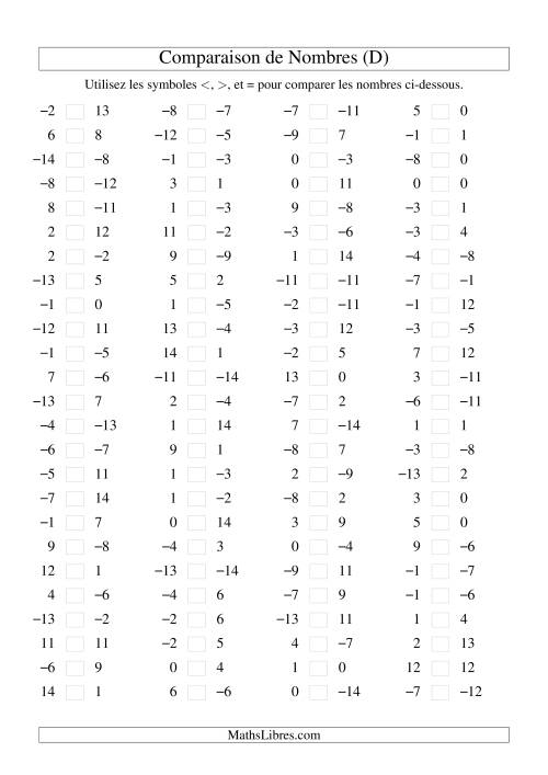 Comparaison de nombres entiers (-15 à 15) (100 par page) (D)