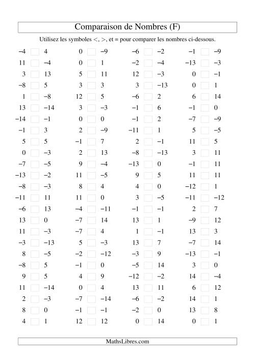Comparaison de nombres entiers (-15 à 15) (100 par page) (F)