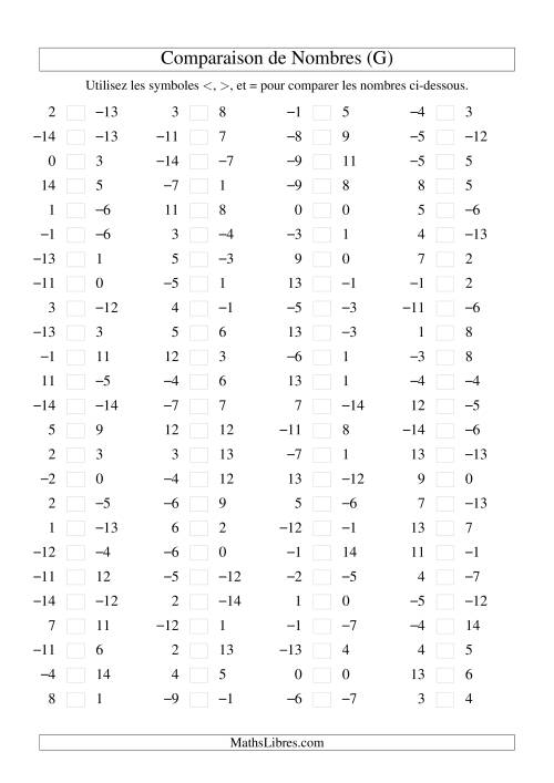 Comparaison de nombres entiers (-15 à 15) (100 par page) (G)