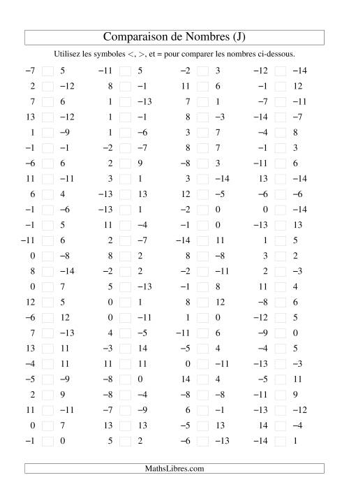 Comparaison de nombres entiers (-15 à 15) (100 par page) (J)
