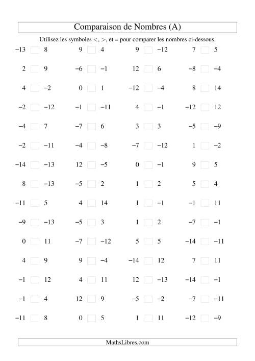 Comparaison de nombres entiers (-15 à 15) (60 par page) (A)