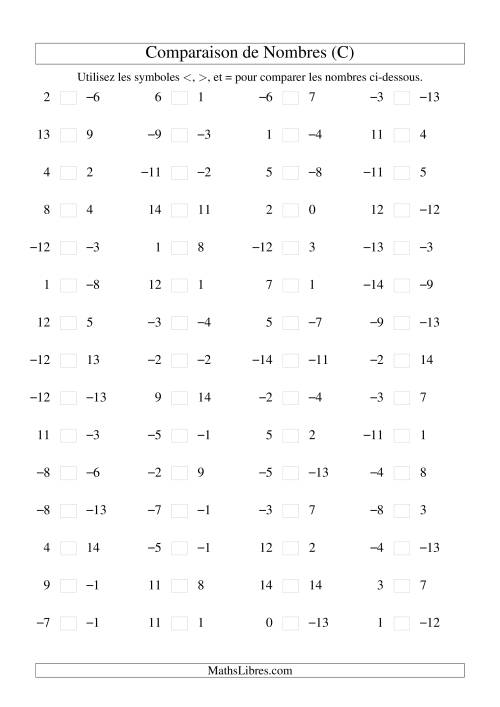 Comparaison de nombres entiers (-15 à 15) (60 par page) (C)