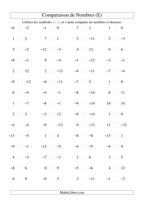 Comparaison de nombres entiers (-15 à 15) (60 par page) (E)