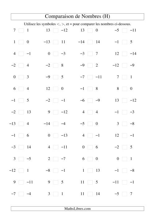 Comparaison de nombres entiers (-15 à 15) (60 par page) (H)