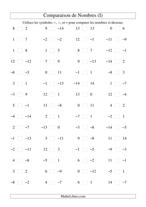 Comparaison de nombres entiers (-15 à 15) (60 par page) (I)
