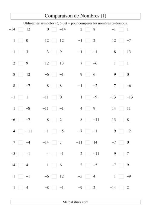 Comparaison de nombres entiers (-15 à 15) (60 par page) (J)