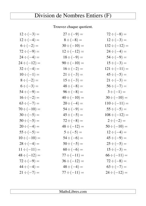 Division de nombres entiers -- Positif divisé par négatif (75 par page) (F)