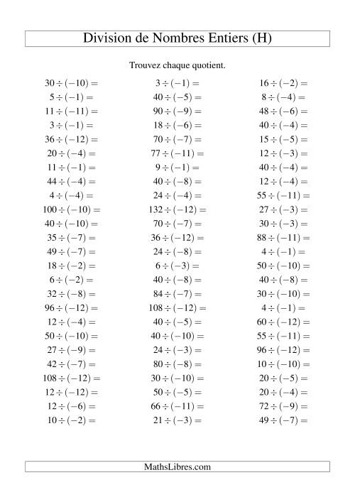 Division de nombres entiers -- Positif divisé par négatif (75 par page) (H)