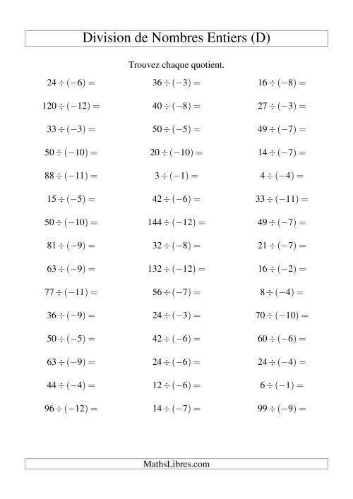 Division de nombres entiers -- Positif divisé par négatif (45 par page) (D)