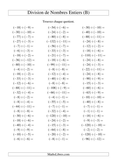 Division de nombres entiers -- Négatif divisé par négatif (75 par page) (B)