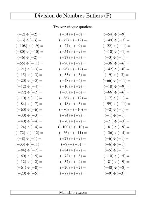 Division de nombres entiers -- Négatif divisé par négatif (75 par page) (F)