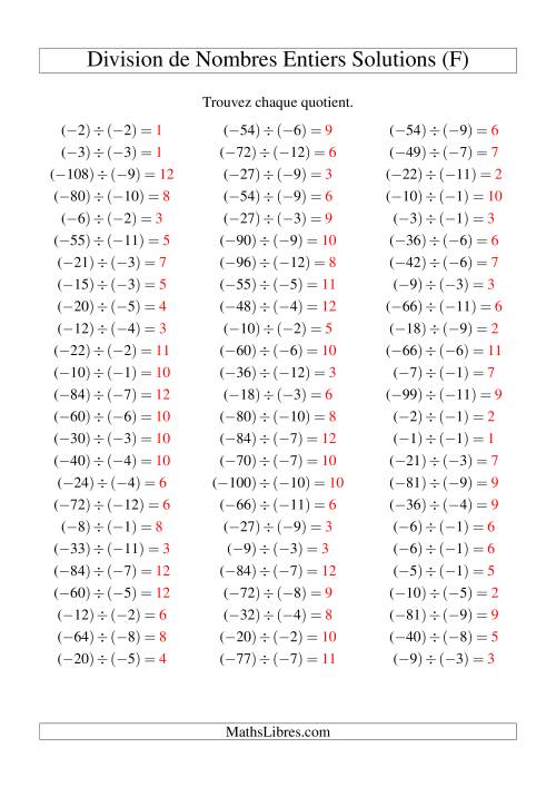 Division de nombres entiers -- Négatif divisé par négatif (75 par page) (F) page 2