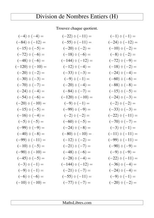 Division de nombres entiers -- Négatif divisé par négatif (75 par page) (H)