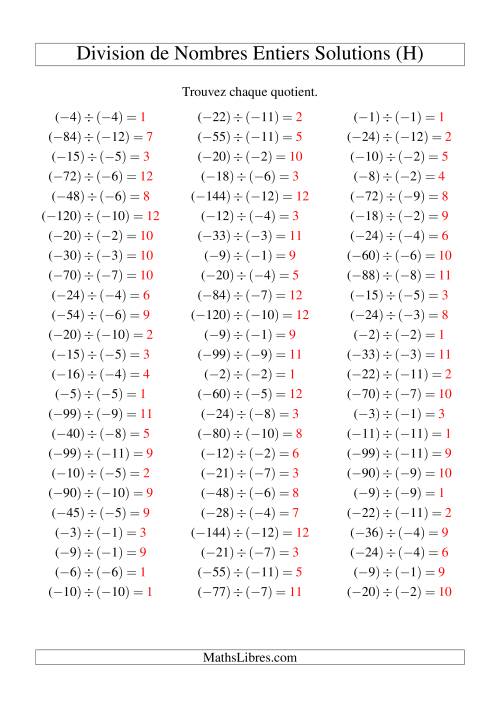 Division de nombres entiers -- Négatif divisé par négatif (75 par page) (H) page 2
