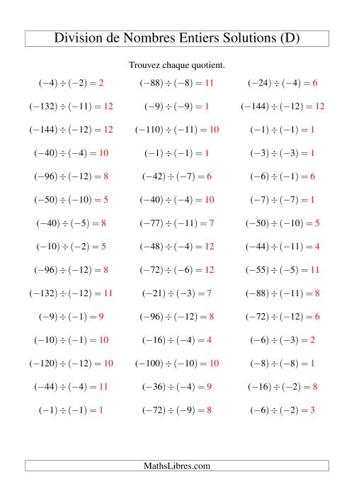 Division de nombres entiers -- Négatif divisé par négatif (45 par page) (D) page 2