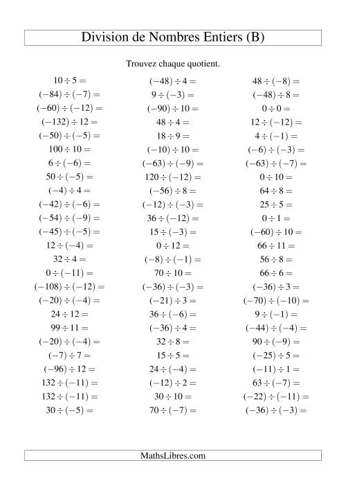 Division de nombres entiers de (-12) à 12 (75 par page) (B)