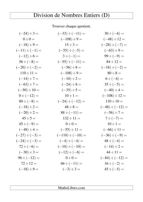 Division de nombres entiers de (-12) à 12 (75 par page) (D)