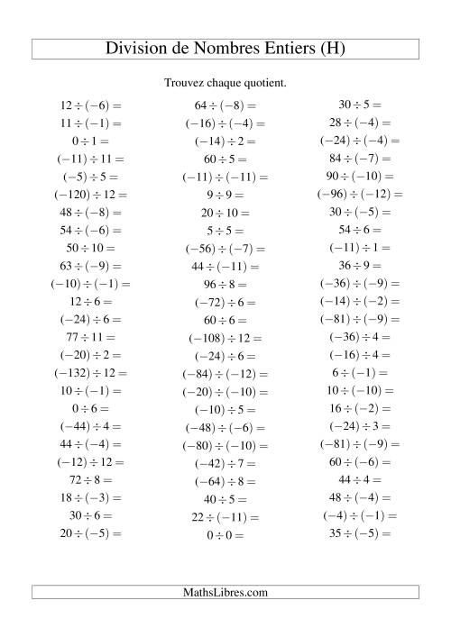 Division de nombres entiers de (-12) à 12 (75 par page) (H)