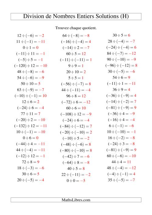 Division de nombres entiers de (-12) à 12 (75 par page) (H) page 2