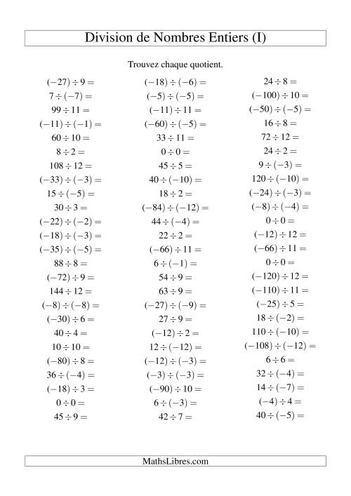 Division de nombres entiers de (-12) à 12 (75 par page) (I)