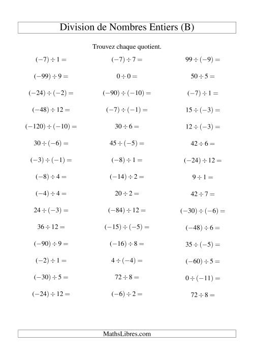 Division de nombres entiers de (-12) à 12 (45 par page) (B)