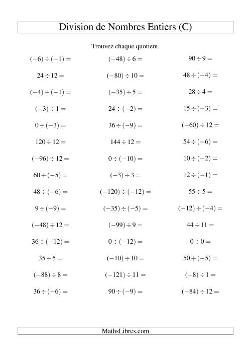 Division de nombres entiers de (-12) à 12 (45 par page) (C)