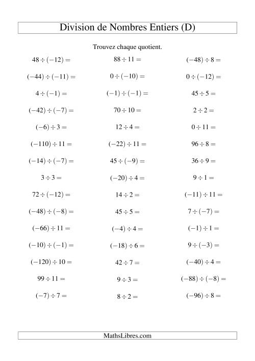 Division de nombres entiers de (-12) à 12 (45 par page) (D)