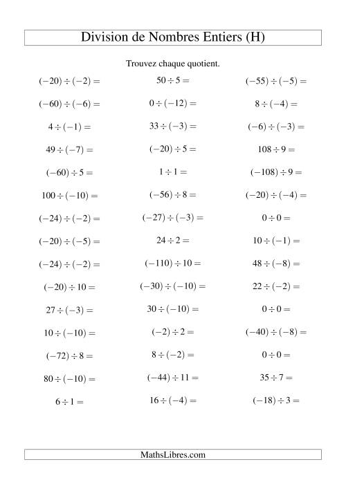 Division de nombres entiers de (-12) à 12 (45 par page) (H)