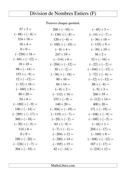 Division de nombres entiers de (-20) à 20 (75 par page) (F)