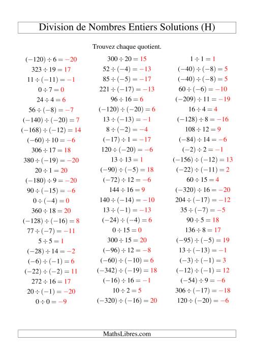 Division de nombres entiers de (-20) à 20 (75 par page) (H) page 2