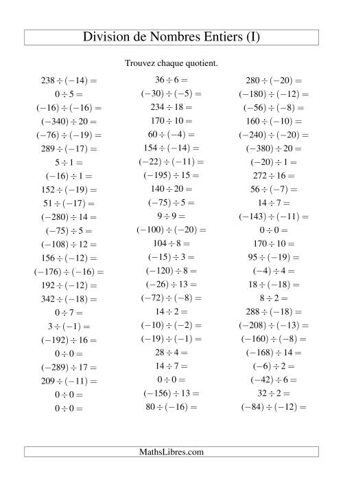 Division de nombres entiers de (-20) à 20 (75 par page) (I)