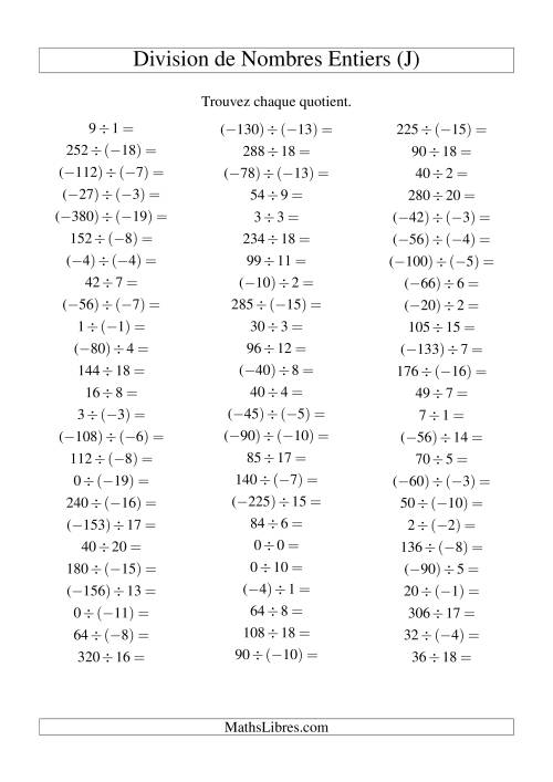 Division de nombres entiers de (-20) à 20 (75 par page) (J)
