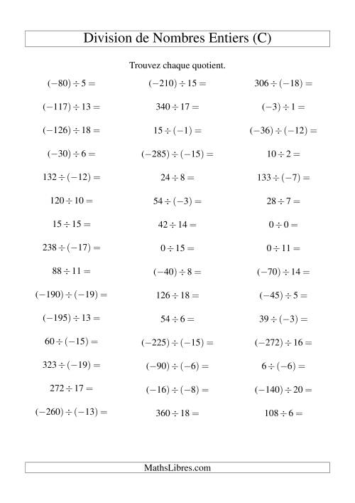 Division de nombres entiers de (-20) à 20 (45 par page) (C)