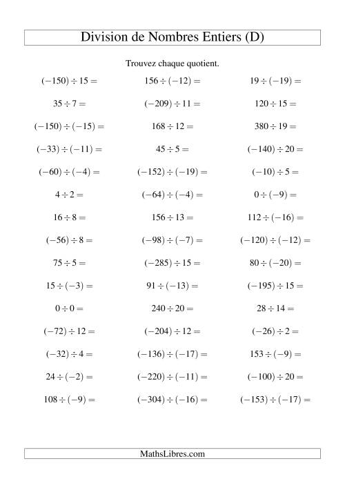Division de nombres entiers de (-20) à 20 (45 par page) (D)