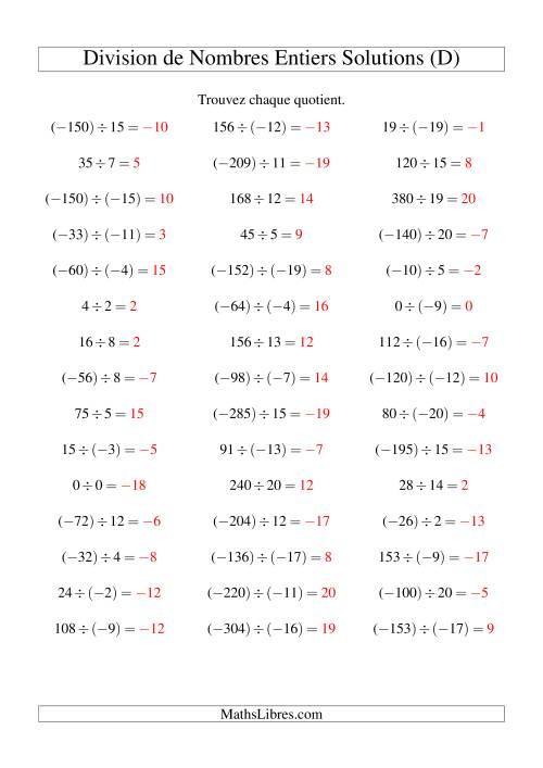 Division de nombres entiers de (-20) à 20 (45 par page) (D) page 2