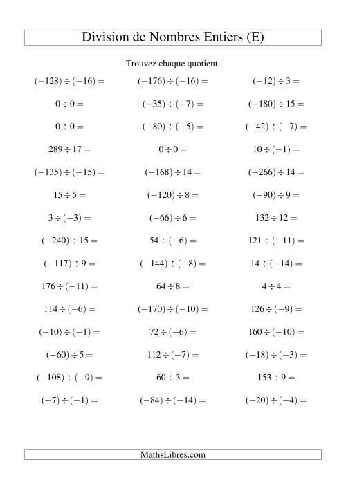 Division de nombres entiers de (-20) à 20 (45 par page) (E)