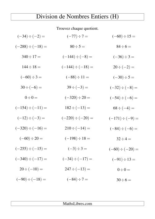 Division de nombres entiers de (-20) à 20 (45 par page) (H)