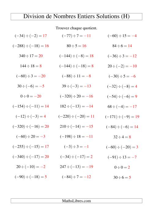 Division de nombres entiers de (-20) à 20 (45 par page) (H) page 2